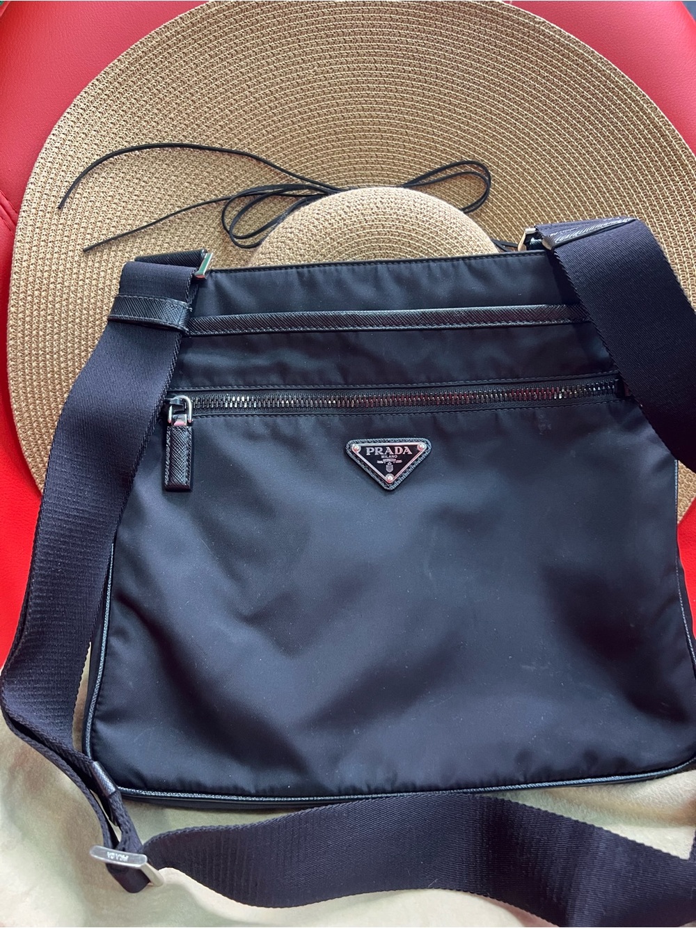 Prada Black Nylon Messenger Bag with Webbing Strap